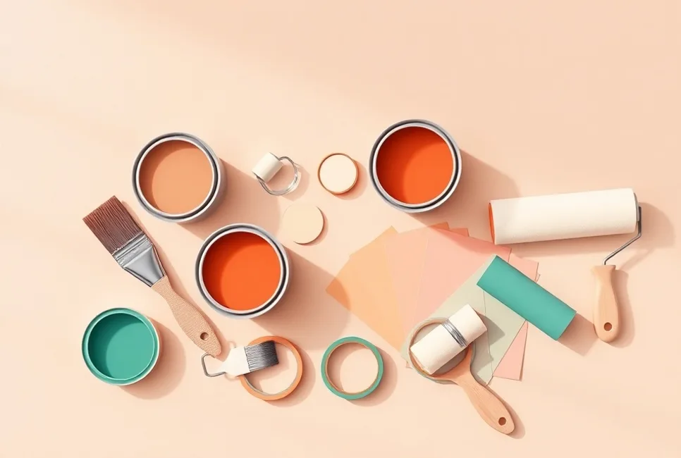 Pots de peinture, nuancier, brosses et rouleaux disposés à plat