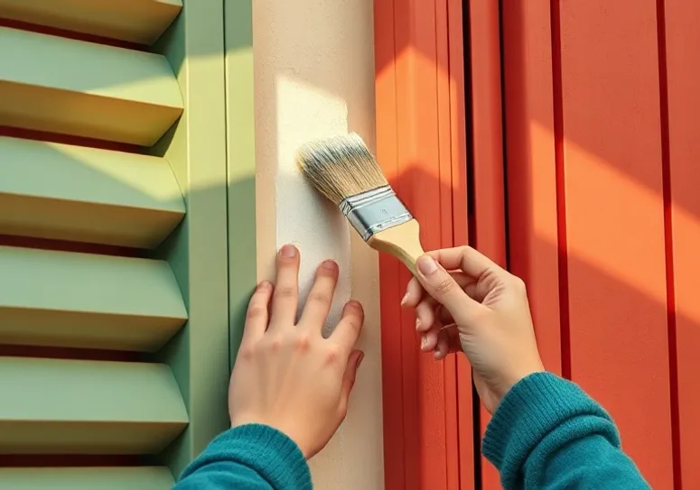 Mise en peinture au pinceau de volets et d'encadrements en bois