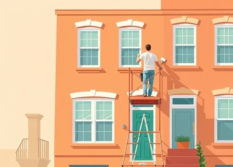 Peintre sur échafaudage traitant la façade d'une maison