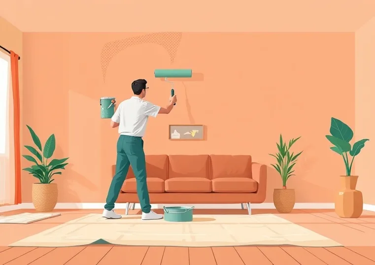 Peintre appliquant la peinture au rouleau sur un mur de salon
