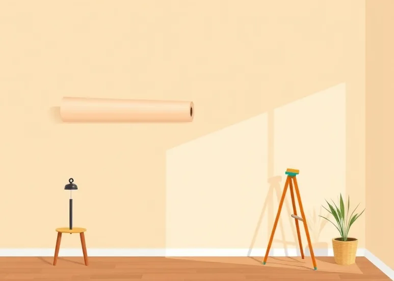 Pose de papier peint, rouleau et brosse à maroufler